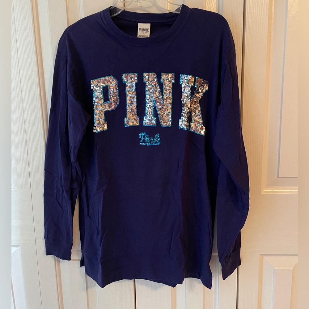 Victoria Secret Pink Silver Sequin Logo Tee Long Sleeve Top Shirt Size S